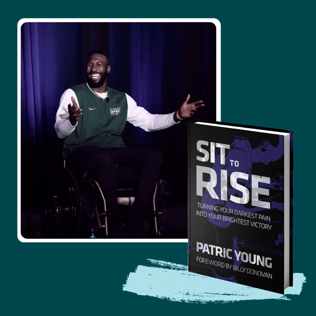 Photo of Patric Young laughing on stage, beside his book Sit to Rise.
