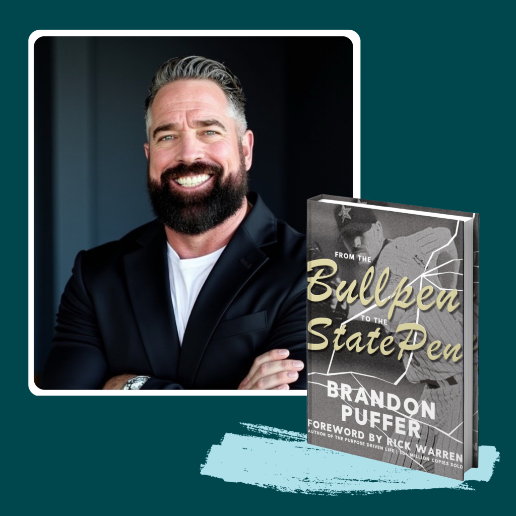 Photo of Brandon Puffer beside his book From the Bullpen to the State Pen, a former MLB pitcher memoir