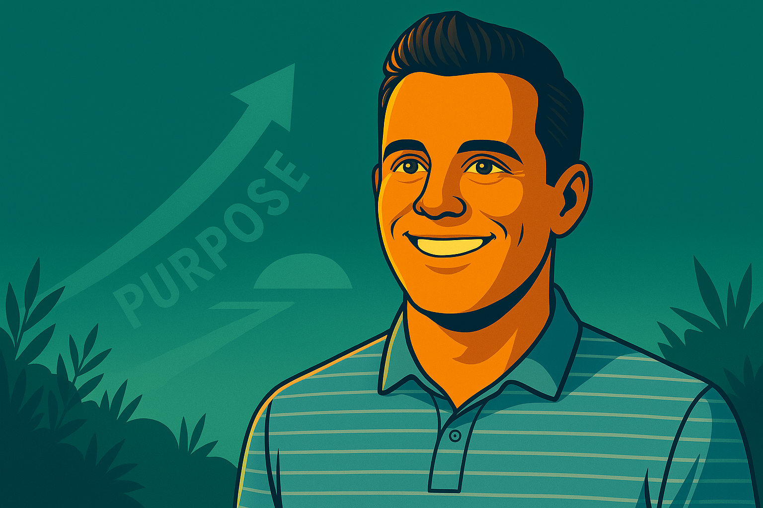 Illustrated portrait of Lance Cibik against a teal background with a subtle upward arrow labeled “Purpose,” symbolizing his message that adversity fuels growth and direction.
