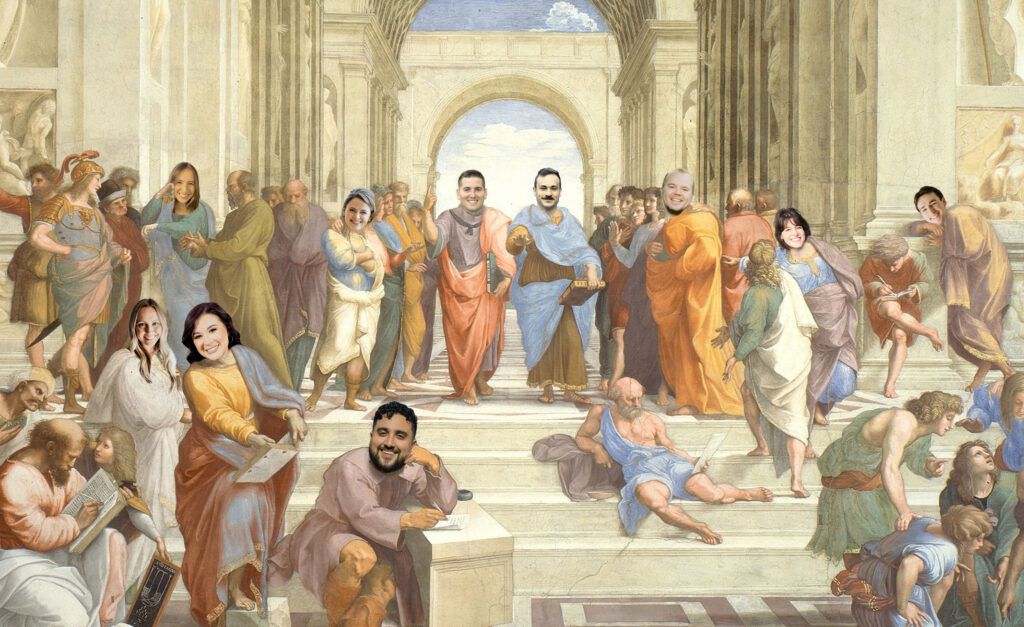 Professional storytelling team at ShareYourStory positioned in classical School of Athens painting style, representing thought leadership and personal brand building through storytelling