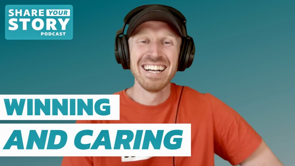 Photo of Hunter Price laughing and wearing headphones on the Share Your Story Podcast, author of Prepare to Compete and former Wisconsin Coach of the Year.