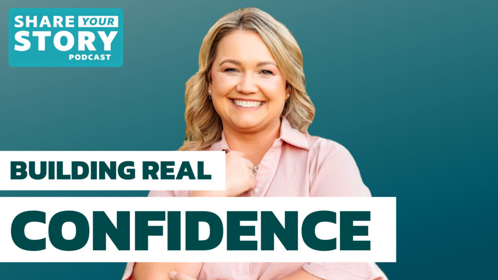 Photo of Dr. Kasi Lacey smiling with arms crossed on the Share Your Story Podcast, author of Your Confidence Comeback and psychologist specializing in women's confidence.