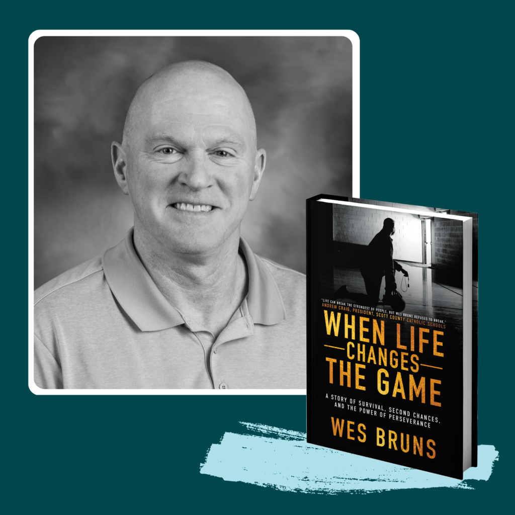 Photo of Wes Bruns smiling in a gray polo beside his book, carbon monoxide survivor and author